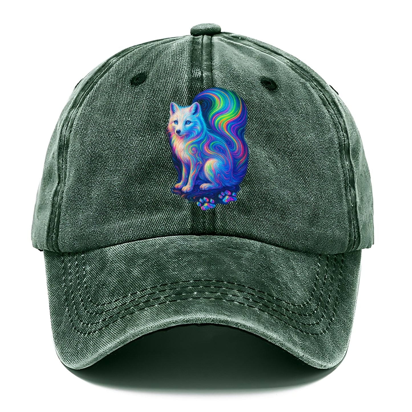 Graceful arctic fox with tail streaming aurora colors, white fur with prismatic - Classic Cap - Forest Mist(Green)