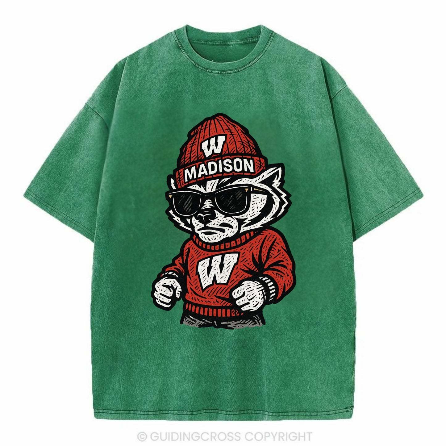 Madison Badger wearing Wisconsin beanie with motion W patch - Vintage T-shirt - Forest Mist(Green)