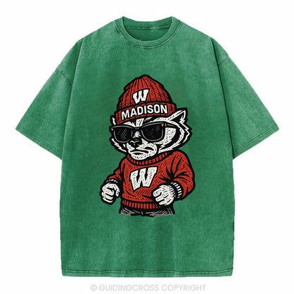 Madison Badger wearing Wisconsin beanie with motion W patch - Vintage T-shirt - Forest Mist(Green)