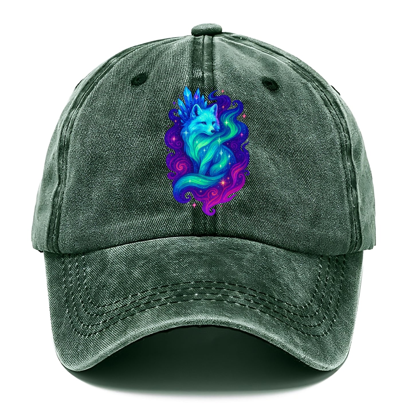Ethereal arctic fox with fur that transforms into crystal formations, northern lights - Classic Cap - Forest Mist(Green)