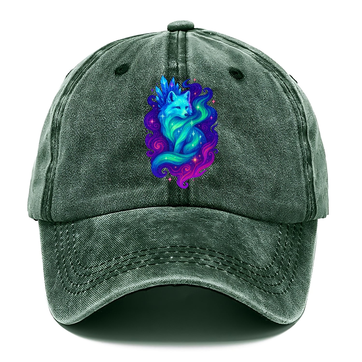 Ethereal arctic fox with fur that transforms into crystal formations, northern lights - Classic Cap - Forest Mist(Green)