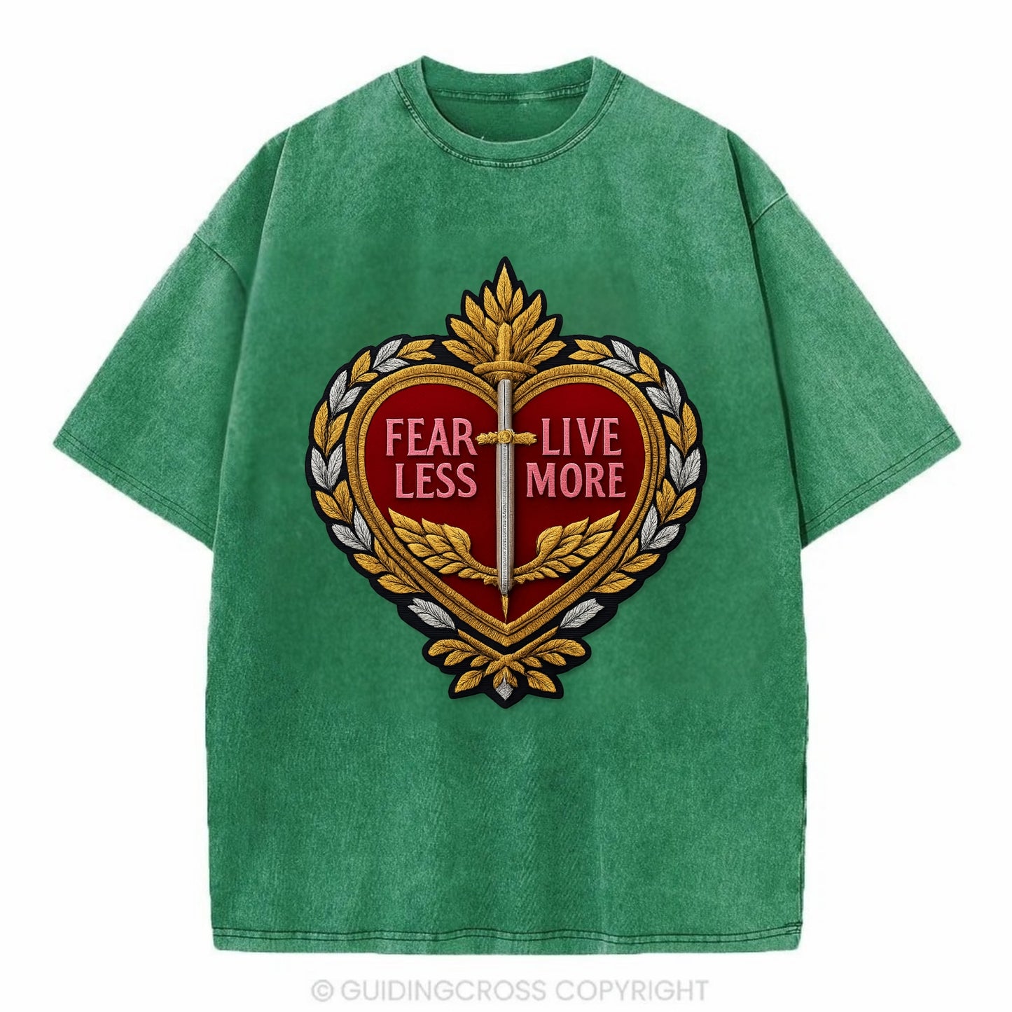 FEAR LESS LIVE MORE - heart with text in red , courage - Vintage T-shirt - Forest Mist(Green)
