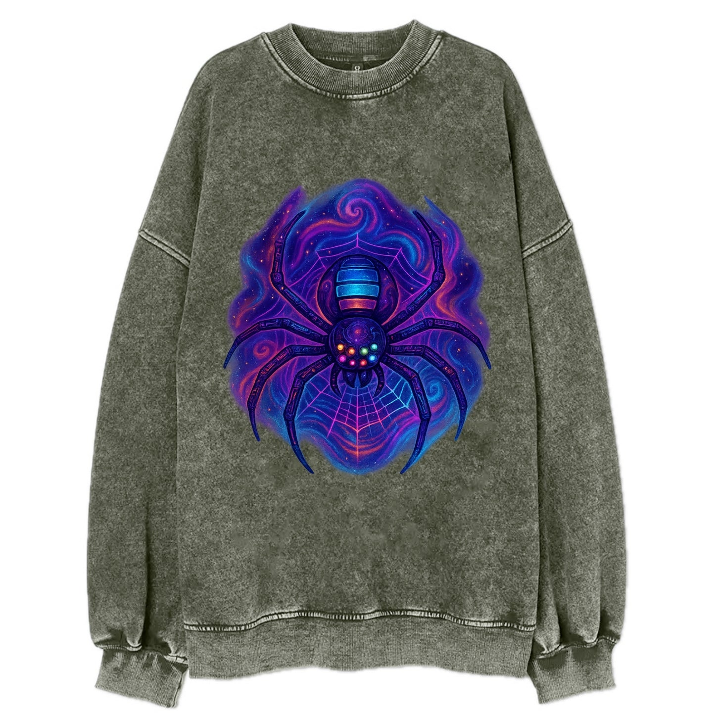 Tech spider with legs showing circuit board patterns, web glowing in neon grid - Vintage Sweatshirt - Forest Mist(Green)