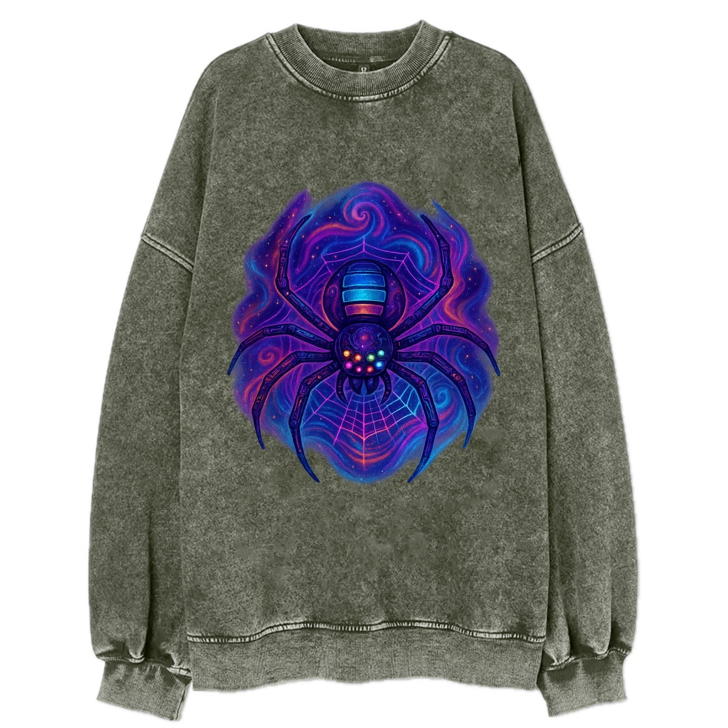 Tech spider with legs showing circuit board patterns, web glowing in neon grid - Vintage Sweatshirt - Forest Mist(Green)