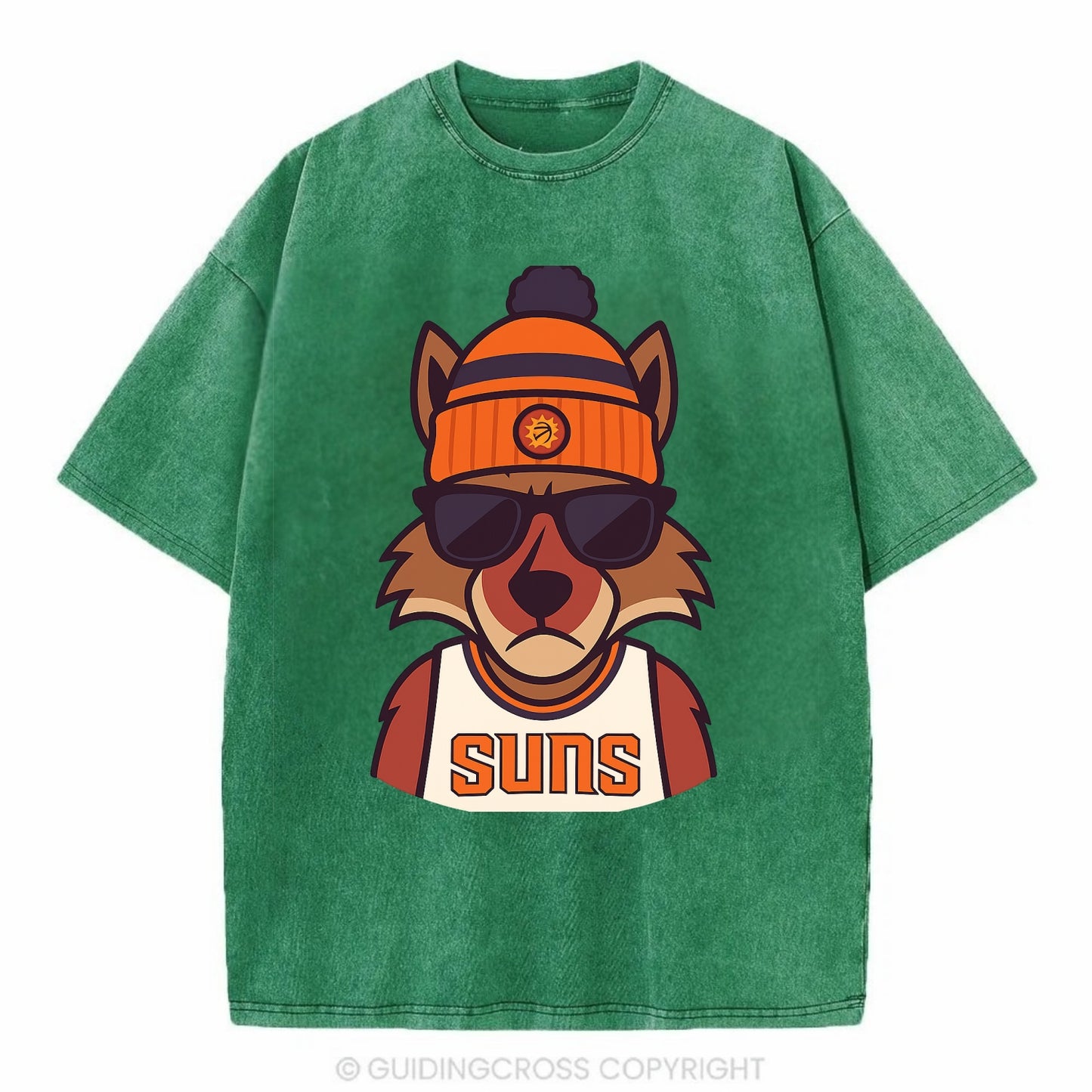 Arizona Coyote wearing Suns beanie with desert sun patch and wayfarer sunglasses - Vintage T-shirt - Forest Mist(Green)
