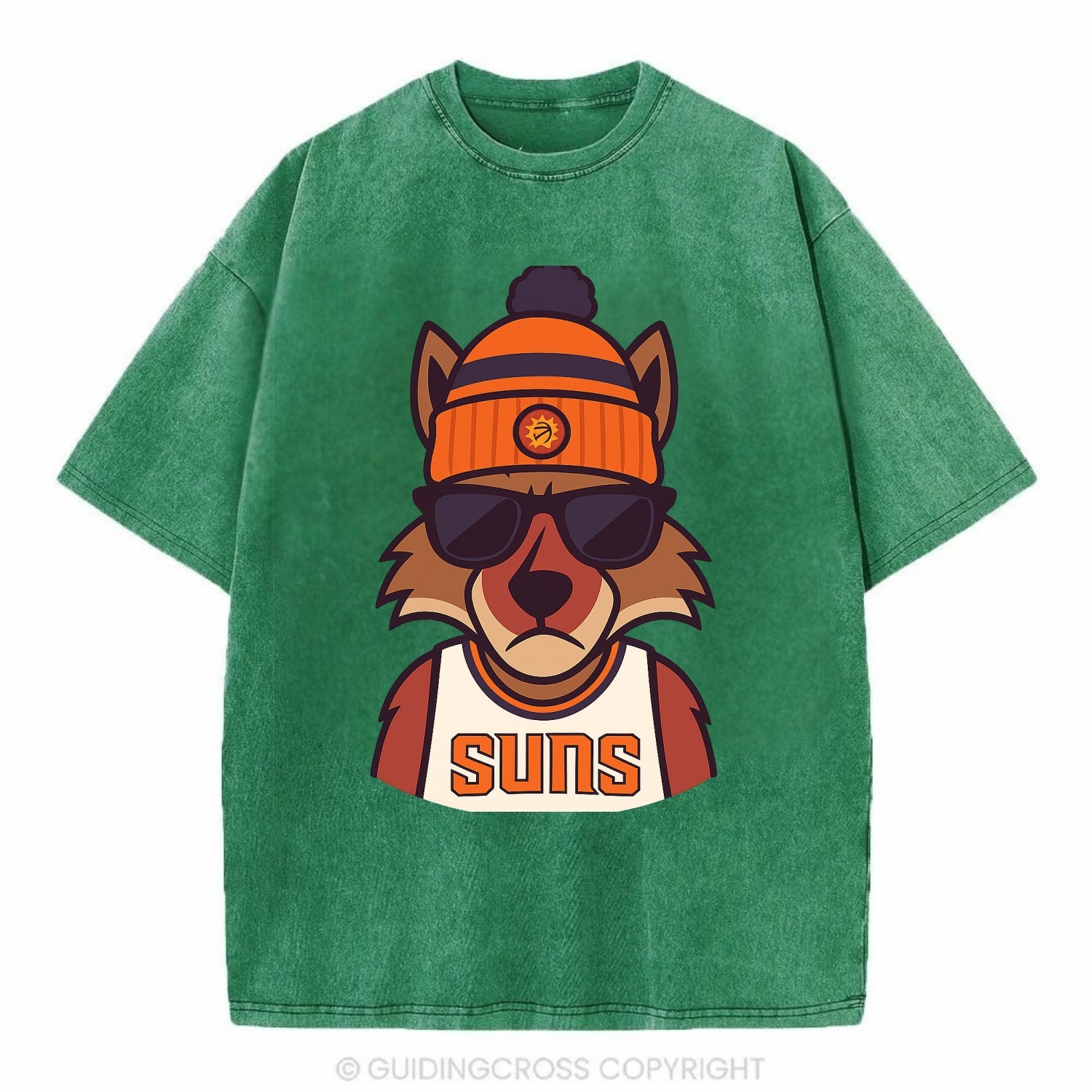 Arizona Coyote wearing Suns beanie with desert sun patch and wayfarer sunglasses - Vintage T-shirt - Forest Mist(Green)