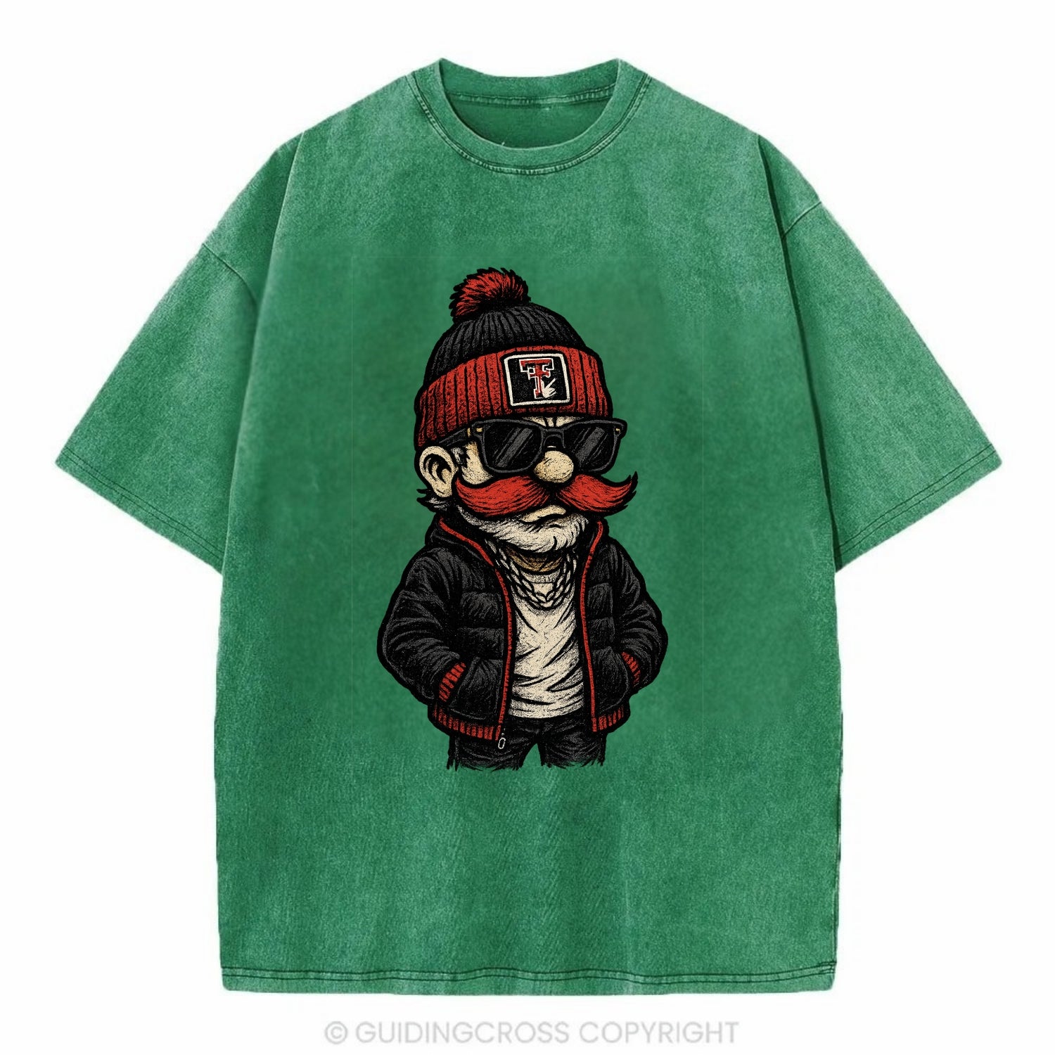 Lubbock Raider wearing Texas Tech beanie with guns up patch - Vintage T-shirt - Forest Mist(Green)