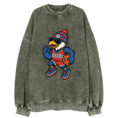 Philadelphia Eagle wearing 76ers red white and blue beanie with bell patch and - Vintage Sweatshirt - Forest Mist(Green)
