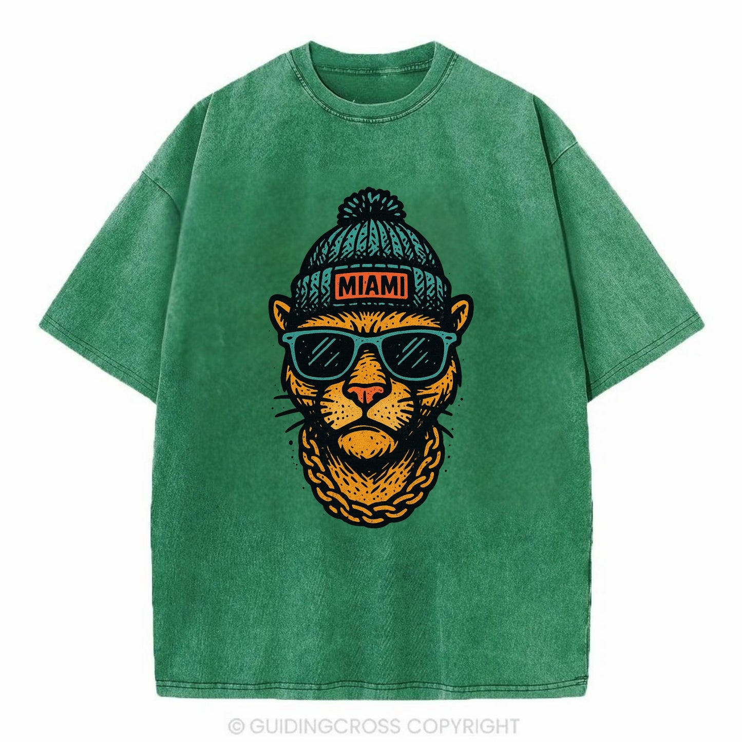 Florida Panther wearing Miami beanie with pom pom and wayfarer sunglasses - Vintage T-shirt - Forest Mist(Green)