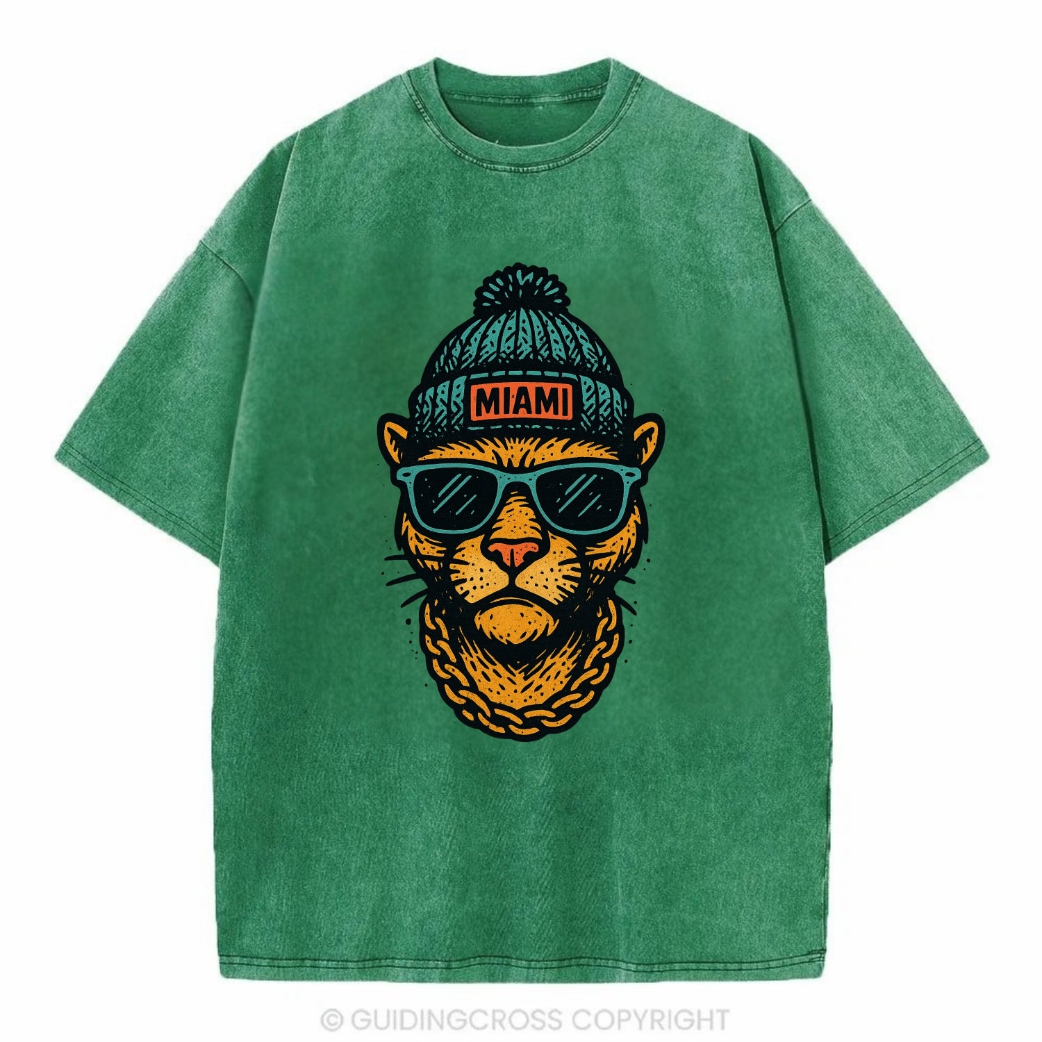 Florida Panther wearing Miami beanie with pom pom and wayfarer sunglasses - Vintage T-shirt - Forest Mist(Green)