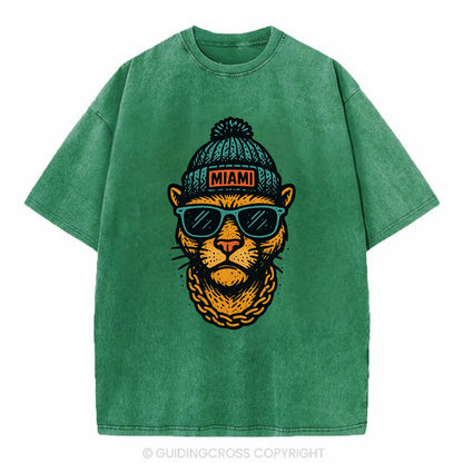 Florida Panther wearing Miami beanie with pom pom and wayfarer sunglasses - Vintage T-shirt - Forest Mist(Green)