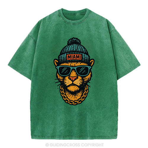 Florida Panther wearing Miami beanie with pom pom and wayfarer sunglasses - Vintage T-shirt