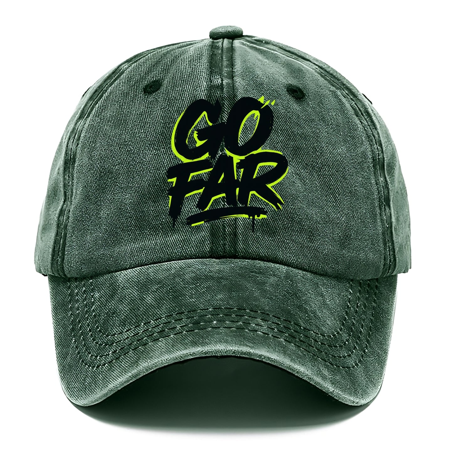 Bold typography design - "GO FAR" - distance goals, pushing limits - Classic Cap - Forest Mist(Green)