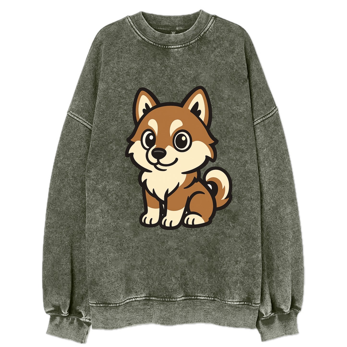 Pomsky - Pomeranian-Husky mix sitting pose - Vintage Sweatshirt - Forest Mist(Green)