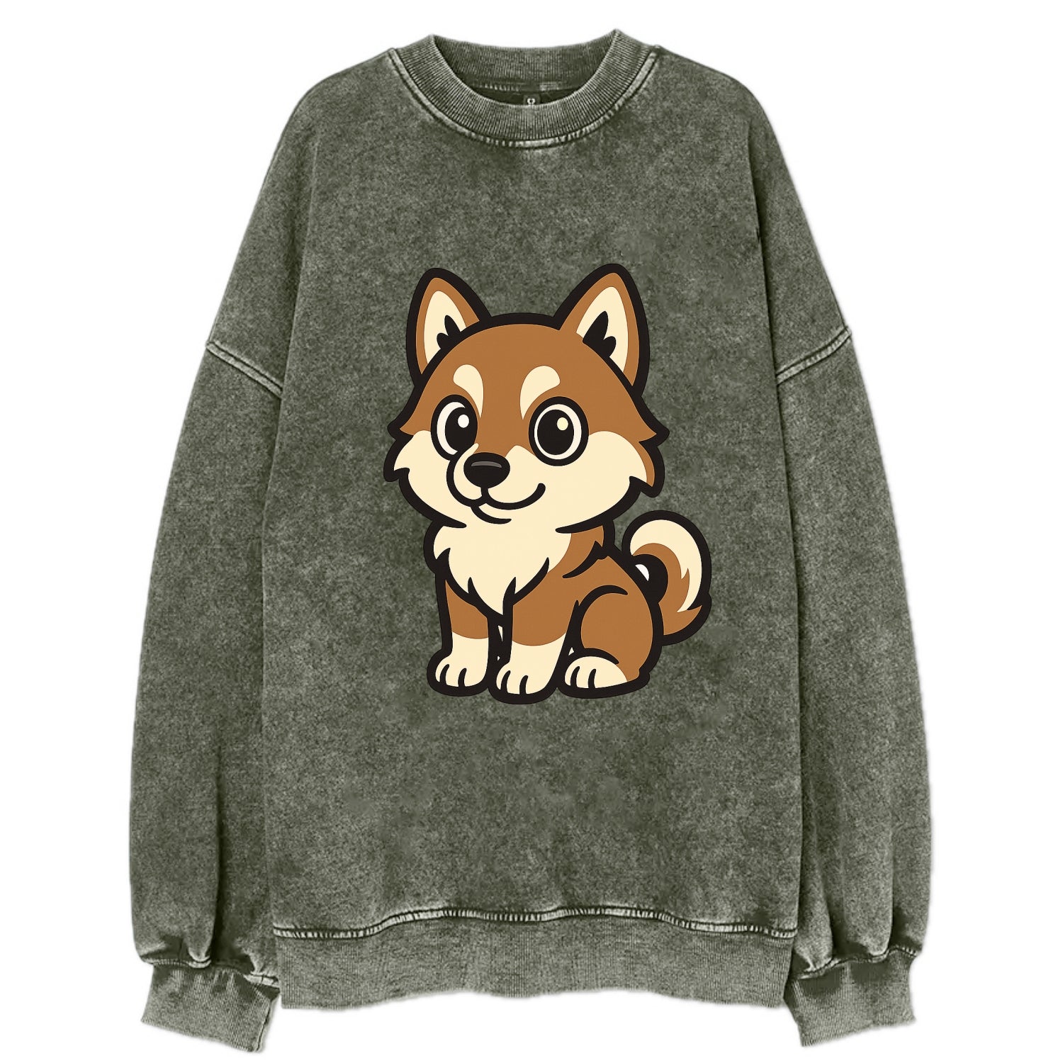 Pomsky - Pomeranian-Husky mix sitting pose - Vintage Sweatshirt - Forest Mist(Green)
