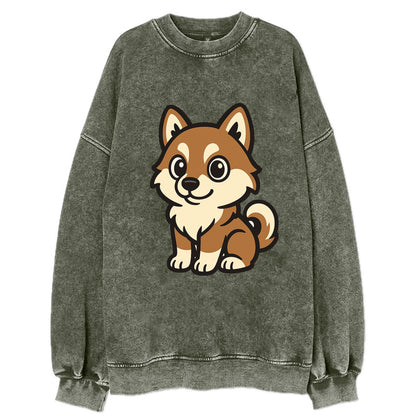 Pomsky - Pomeranian-Husky mix sitting pose - Vintage Sweatshirt - Forest Mist(Green)