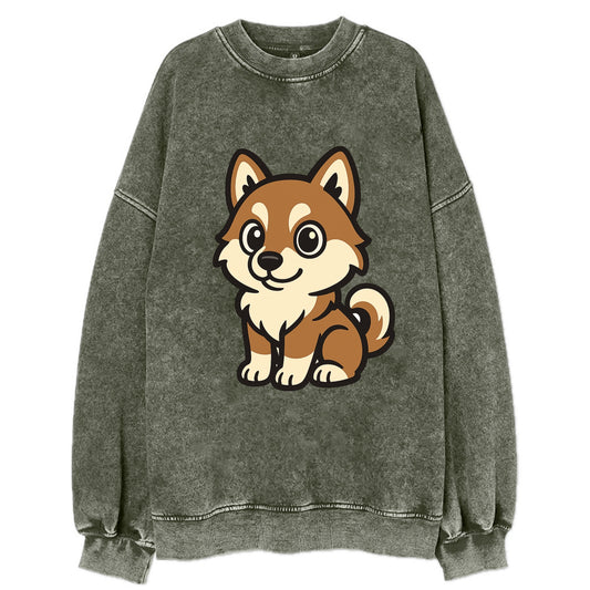 Pomsky - Pomeranian-Husky mix sitting pose - Vintage Sweatshirt - Forest Mist(Green)