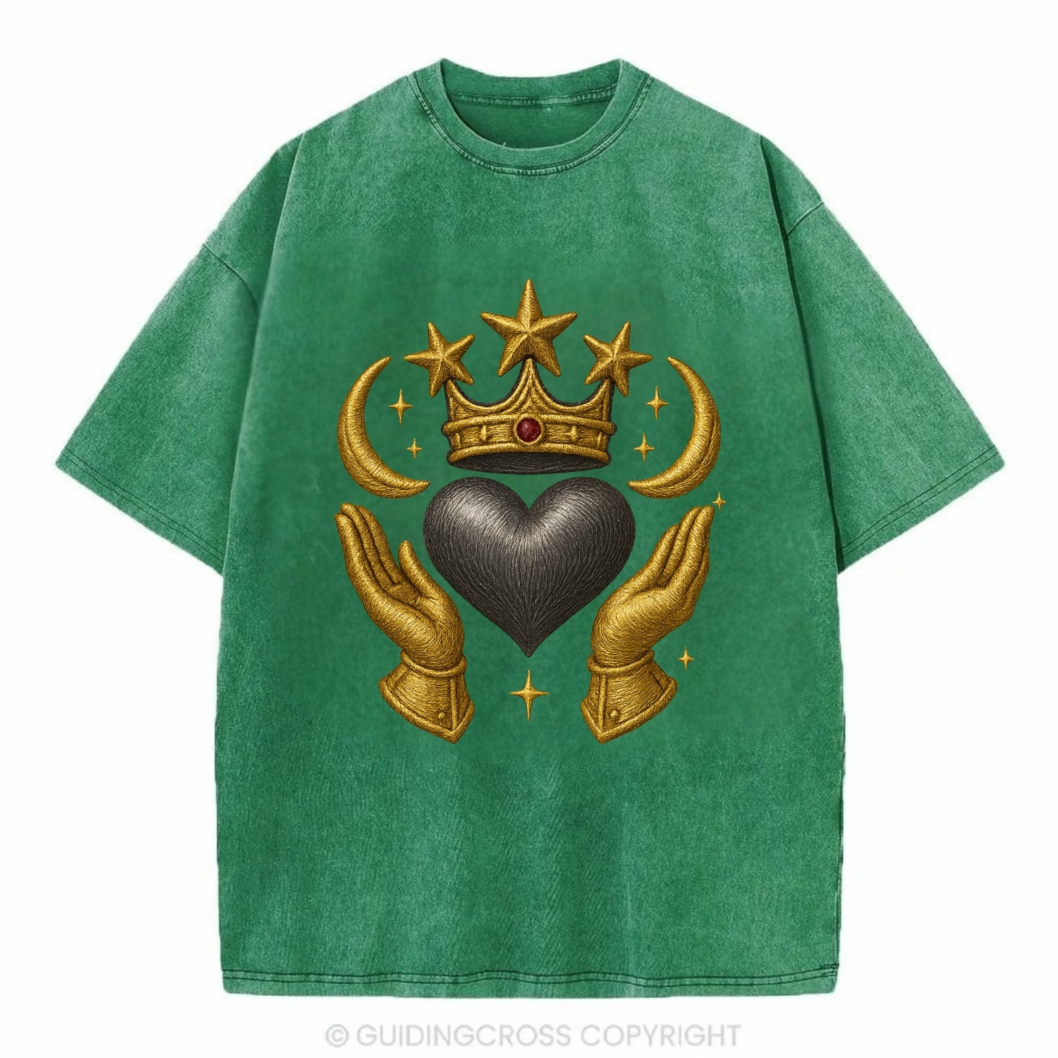 Sun goddess crown radiating golden rays over a midnight heart with henna-adorned - Vintage T-shirt - Forest Mist(Green)
