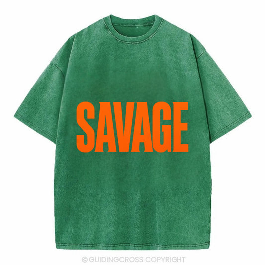 Bold typography design - "SAVAGE" - fierce attitude, taking no prisoners - Vintage T-shirt - Forest Mist(Green)