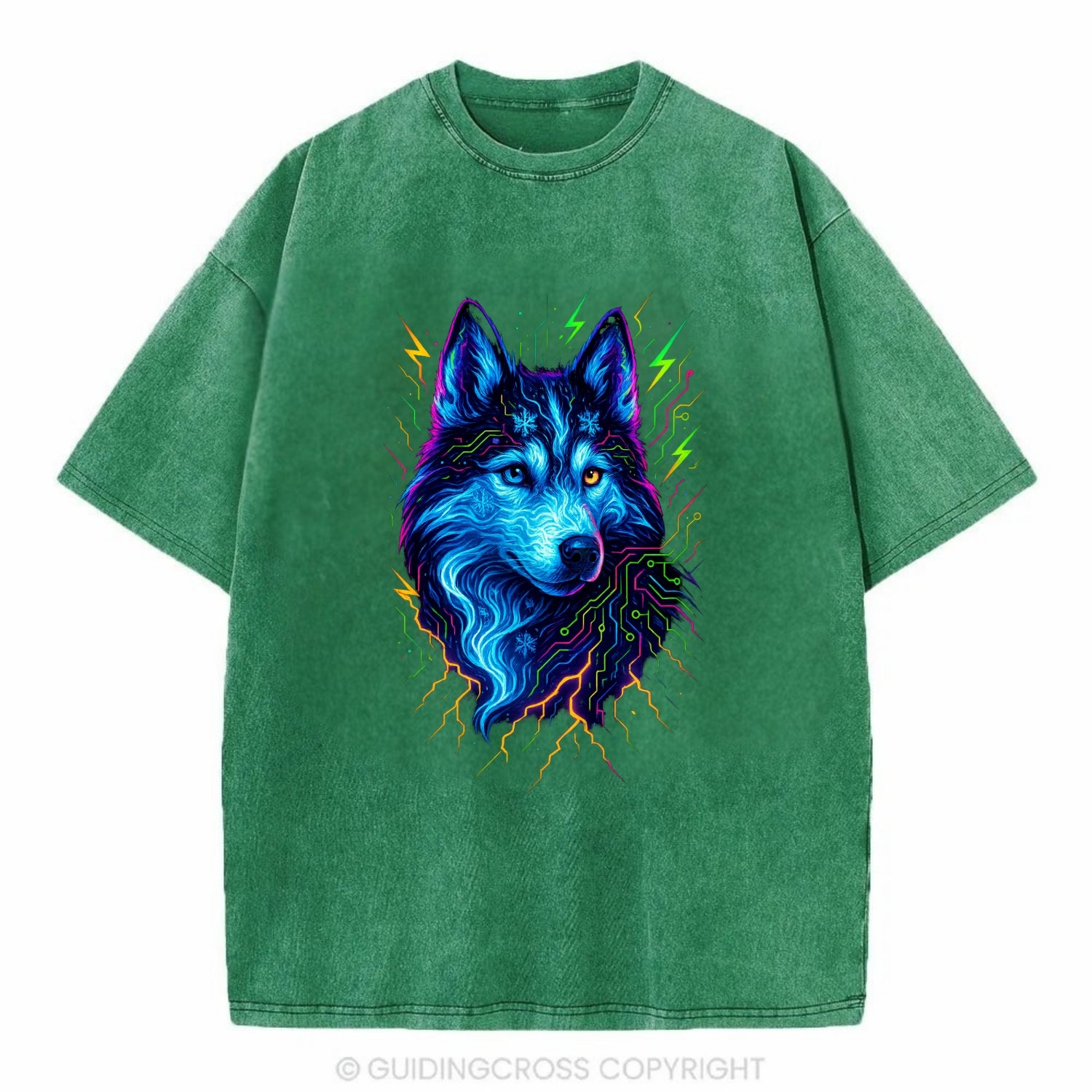 Siberian husky with ice-crystal flowing patterns, electric blue and white swirls, - Vintage T-shirt - Forest Mist(Green)