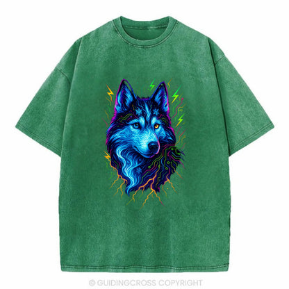 Siberian husky with ice-crystal flowing patterns, electric blue and white swirls, - Vintage T-shirt - Forest Mist(Green)