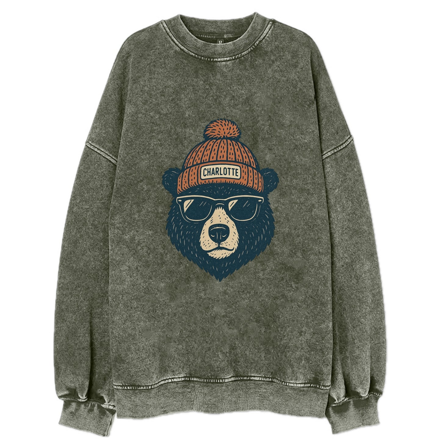 North Carolina Black Bear wearing Charlotte beanie with pom pom and wayfarer - Vintage Sweatshirt - Forest Mist(Green)