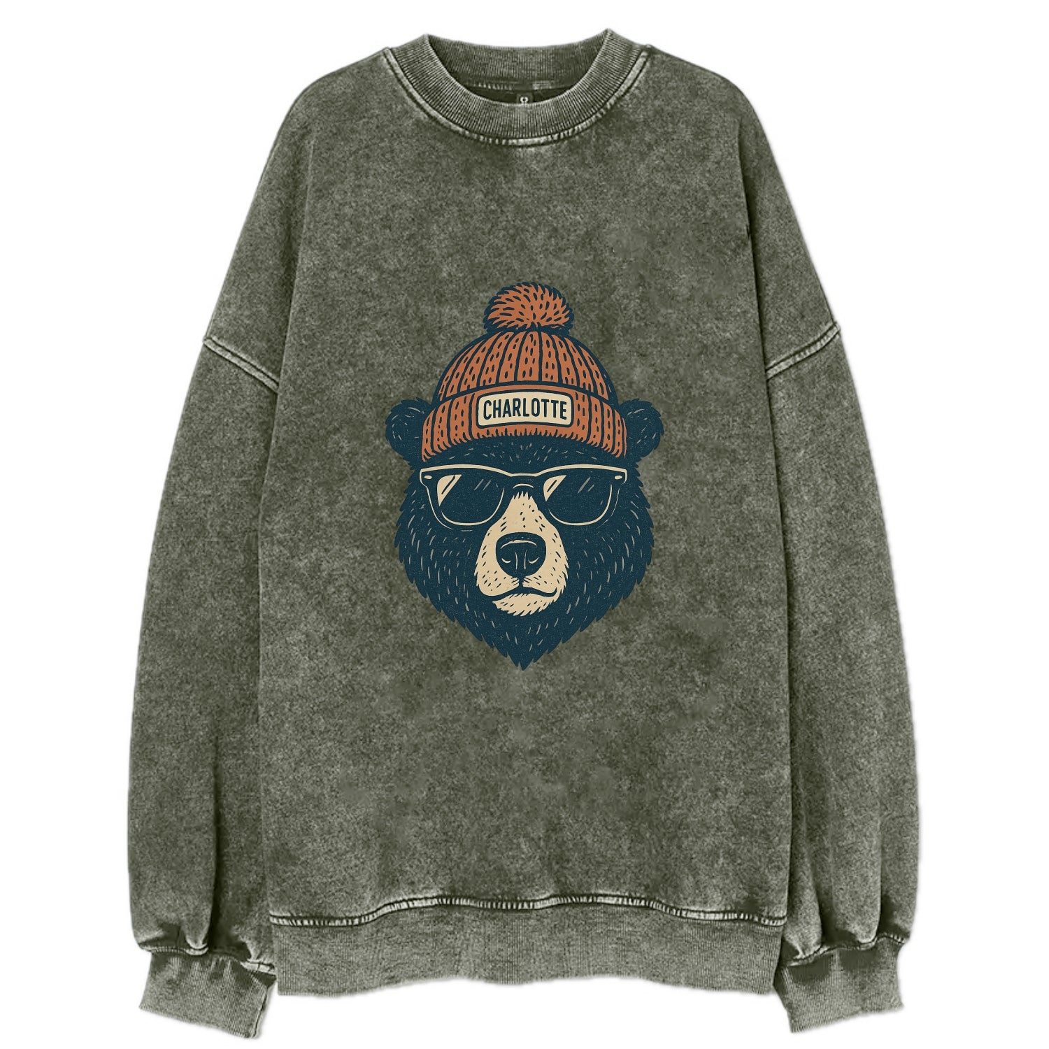 North Carolina Black Bear wearing Charlotte beanie with pom pom and wayfarer - Vintage Sweatshirt - Forest Mist(Green)