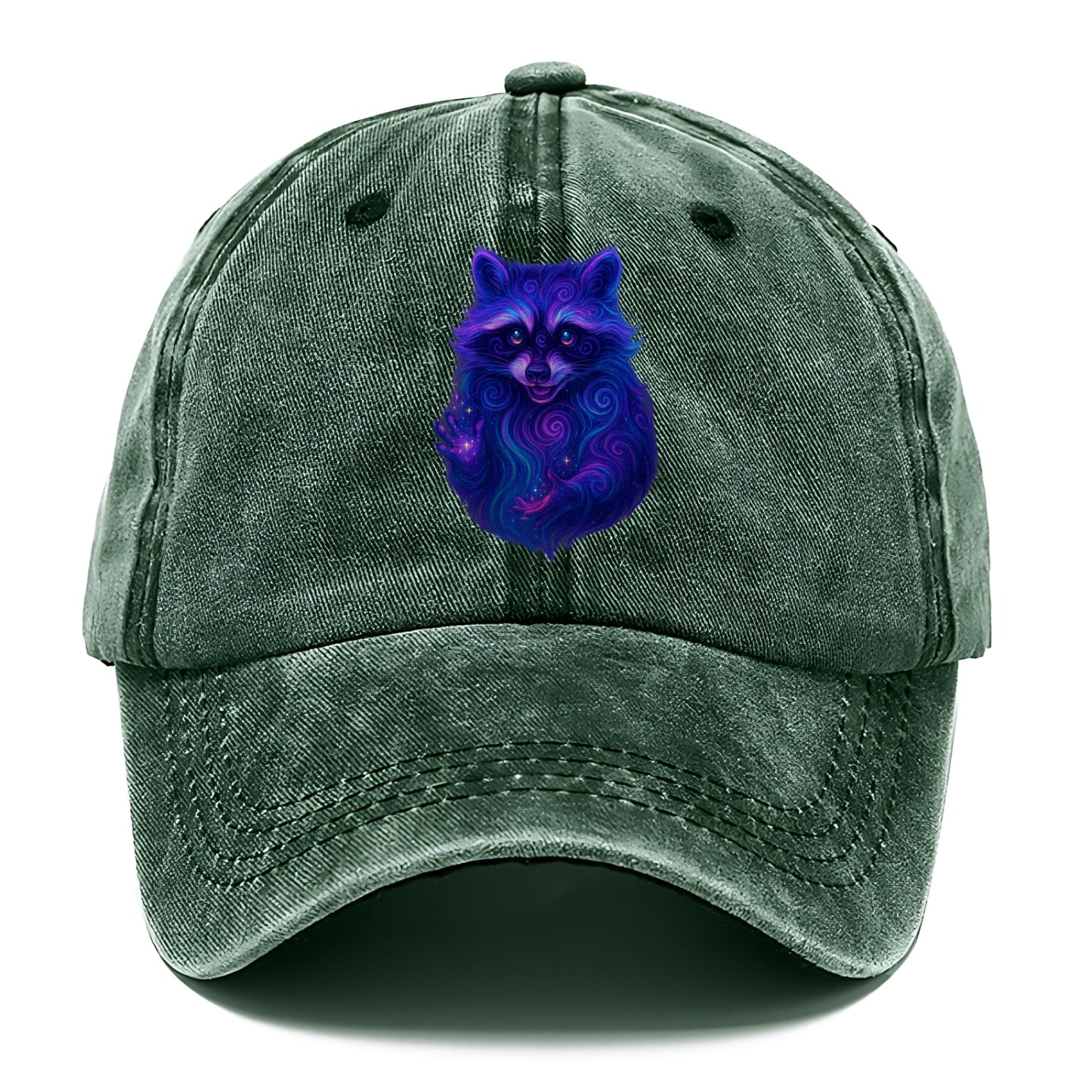 Playful raccoon with mask swirling in hypnotic patterns, neon purple and green fur - Classic Cap - Forest Mist(Green)