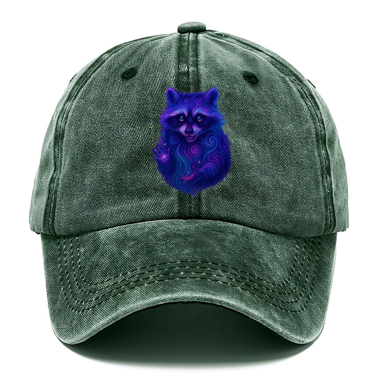 Playful raccoon with mask swirling in hypnotic patterns, neon purple and green fur - Classic Cap - Forest Mist(Green)