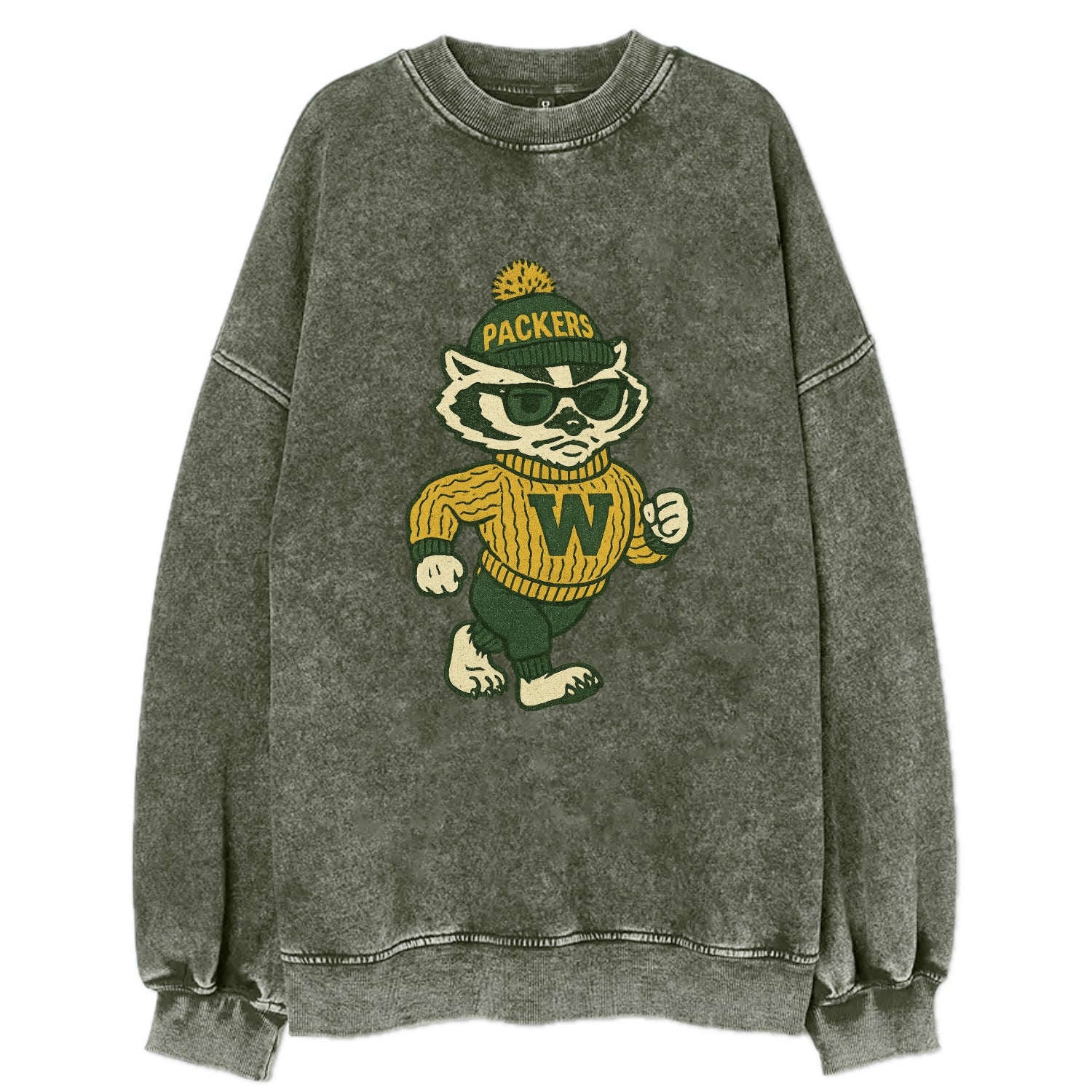 Wisconsin Badger wearing Packers green and gold beanie with pom pom and - Vintage Sweatshirt - Forest Mist(Green)