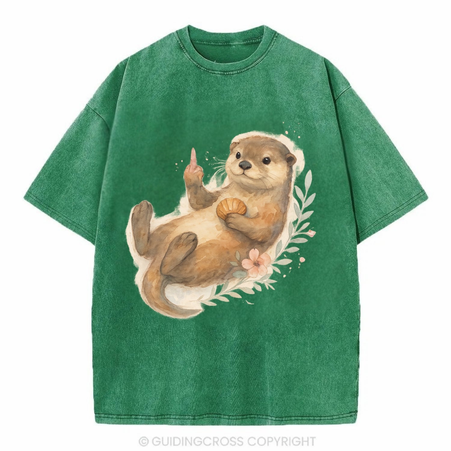 adorable otter floating on back, middle finger up while holding a shellfish - Vintage T-shirt - Forest Mist(Green)