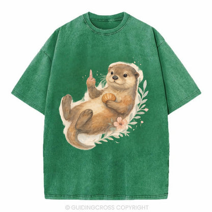 adorable otter floating on back, middle finger up while holding a shellfish - Vintage T-shirt - Forest Mist(Green)