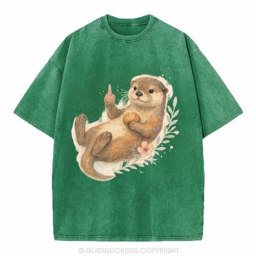 adorable otter floating on back, middle finger up while holding a shellfish - Vintage T-shirt
