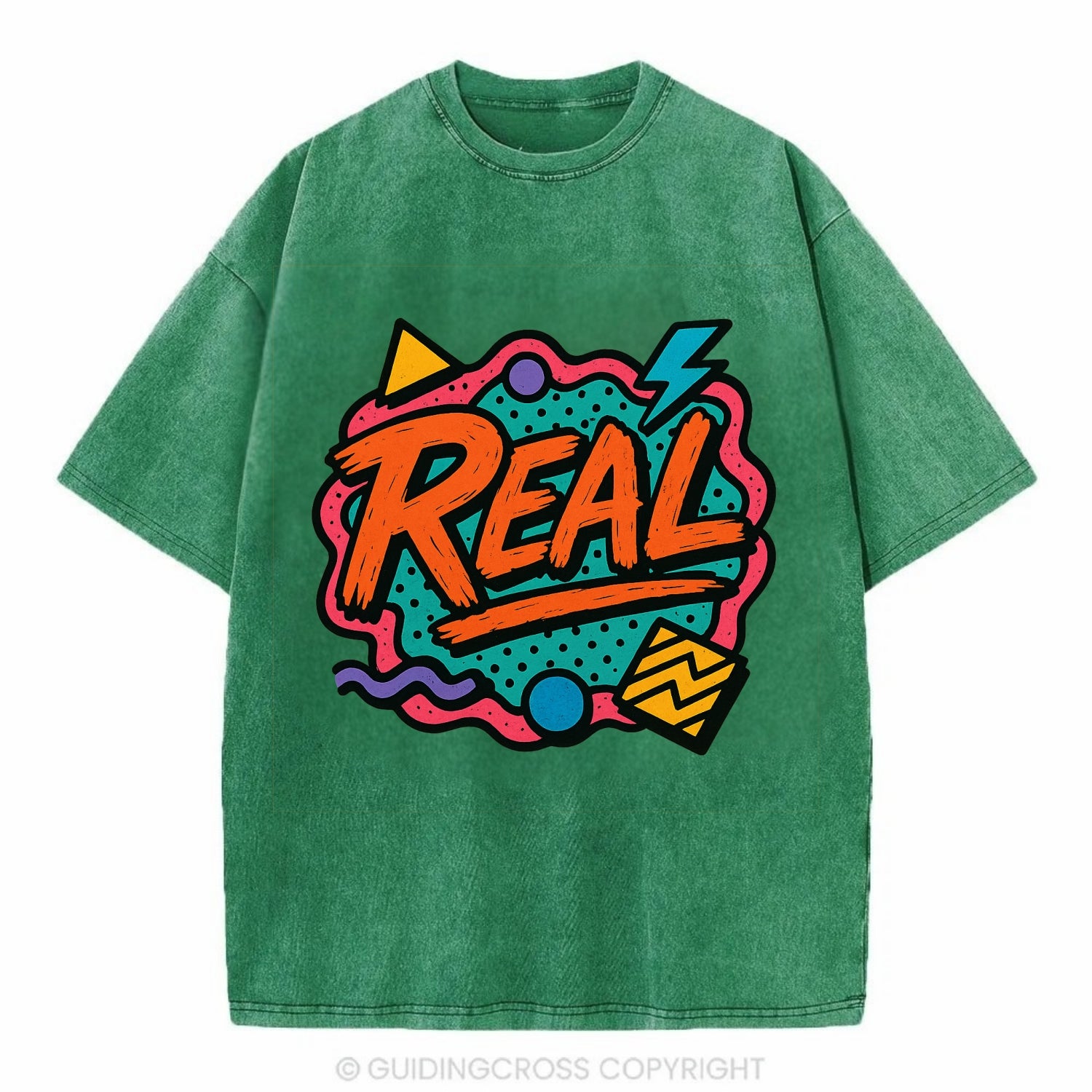 Imperfect brush strokes spelling "Real" - authenticity over perfection, raw and - Vintage T-shirt - Forest Mist(Green)