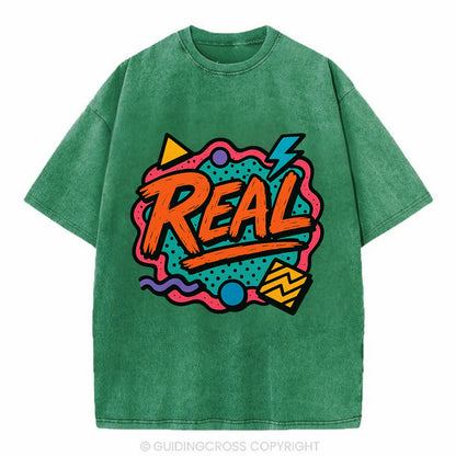 Imperfect brush strokes spelling "Real" - authenticity over perfection, raw and - Vintage T-shirt - Forest Mist(Green)