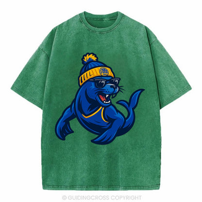 Bay Area Sea Lion wearing Warriors blue and gold beanie with Golden Gate and - Vintage T-shirt - Forest Mist(Green)