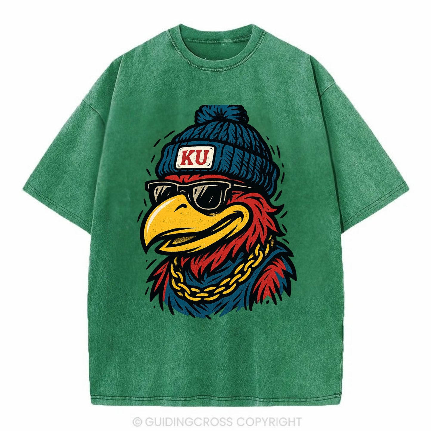 Lawrence Jayhawk wearing Kansas beanie with KU patch - Vintage T-shirt - Forest Mist(Green)