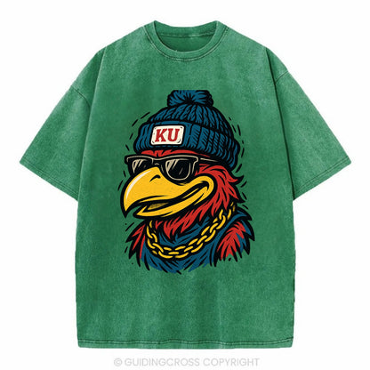 Lawrence Jayhawk wearing Kansas beanie with KU patch - Vintage T-shirt - Forest Mist(Green)