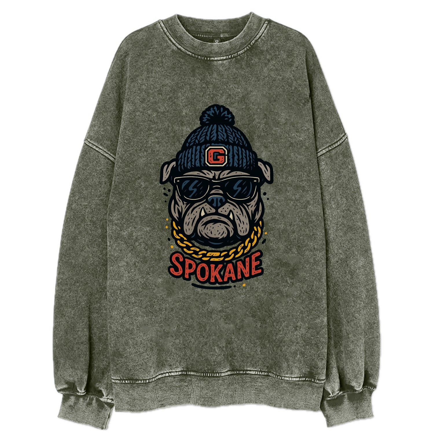 Spokane Bulldog wearing Gonzaga beanie with G patch - Vintage Sweatshirt - Forest Mist(Green)