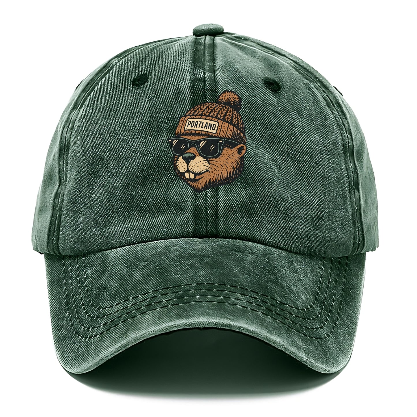 Portland Beaver wearing Portland beanie with pom pom and wayfarer sunglasses - Classic Cap - Forest Mist(Green)