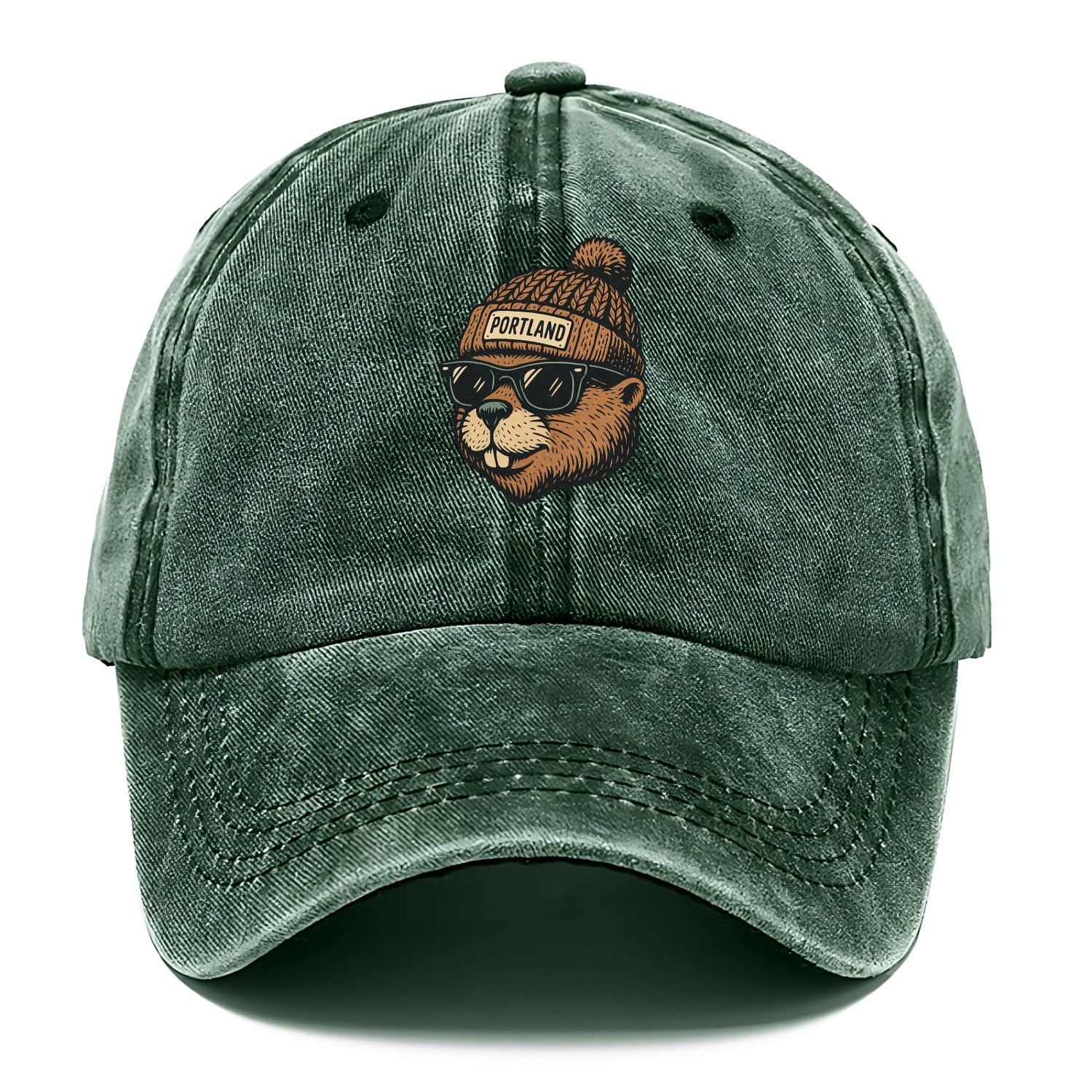 Portland Beaver wearing Portland beanie with pom pom and wayfarer sunglasses - Classic Cap - Forest Mist(Green)