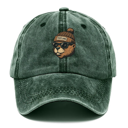 Portland Beaver wearing Portland beanie with pom pom and wayfarer sunglasses - Classic Cap - Forest Mist(Green)