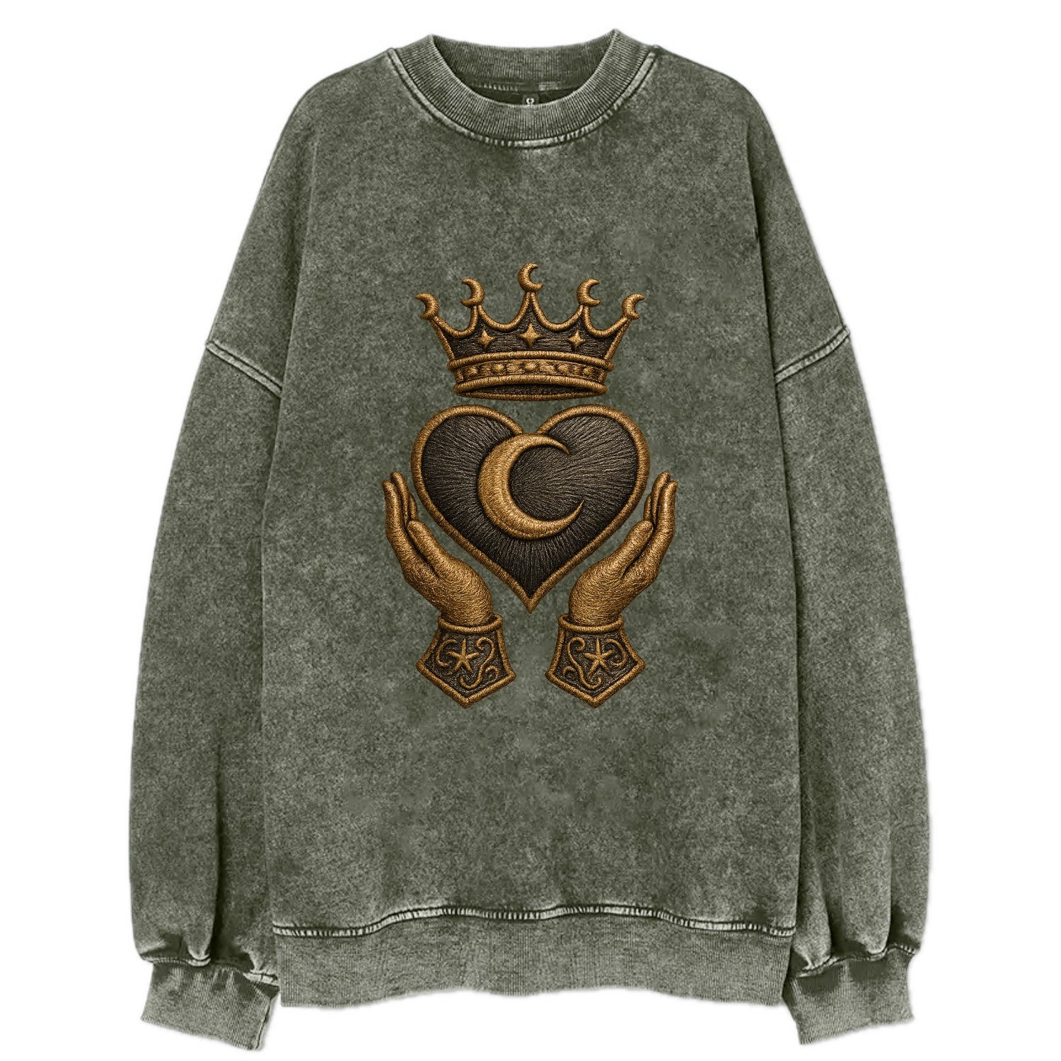 Moonlit crescent crown cradling a hematite heart with stargazer hands cupped - Vintage Sweatshirt - Forest Mist(Green)