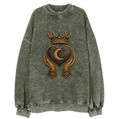 Moonlit crescent crown cradling a hematite heart with stargazer hands cupped - Vintage Sweatshirt - Forest Mist(Green)