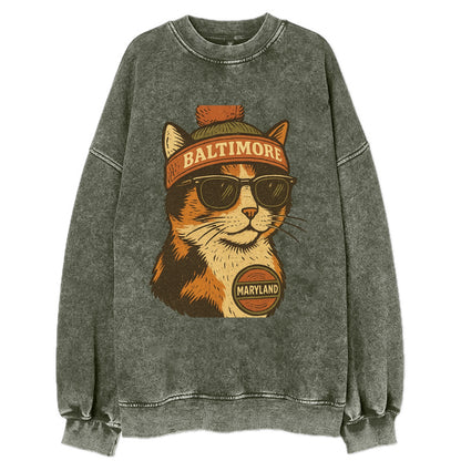 Maryland Calico Cat wearing Baltimore beanie with pom pom and wayfarer - Vintage Sweatshirt - Forest Mist(Green)