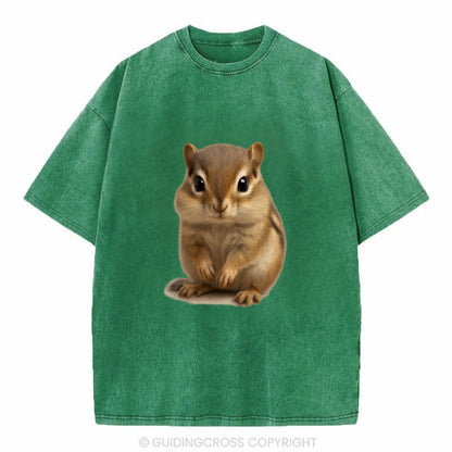 Baby Chipmunk - striped back, cheek pouches, tiny paws, bright eyes, - Vintage T-shirt - Forest Mist(Green)