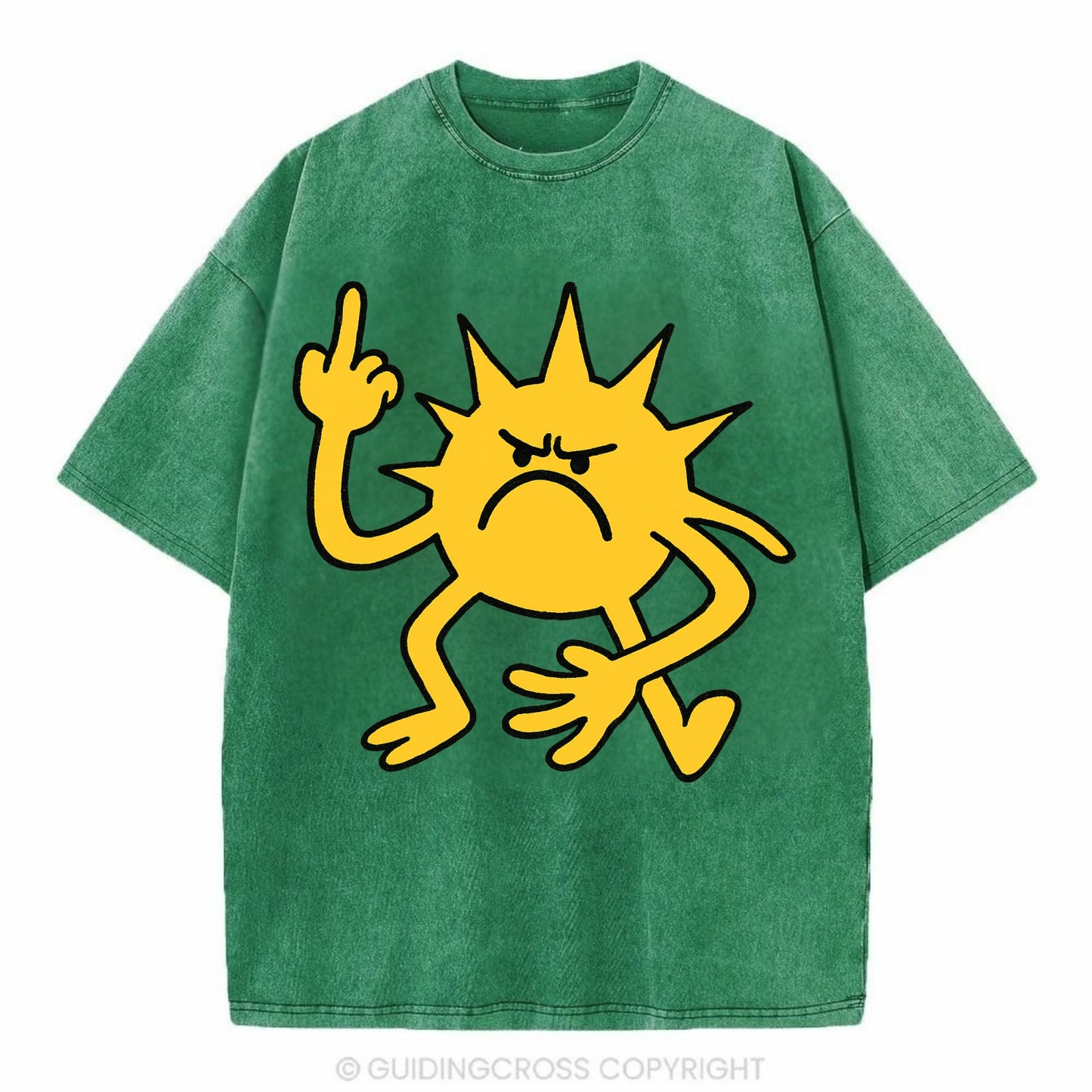 MORNINGS ARE PUNISHMENT | Grumpy sun with middle finger - Vintage T-shirt - Forest Mist(Green)