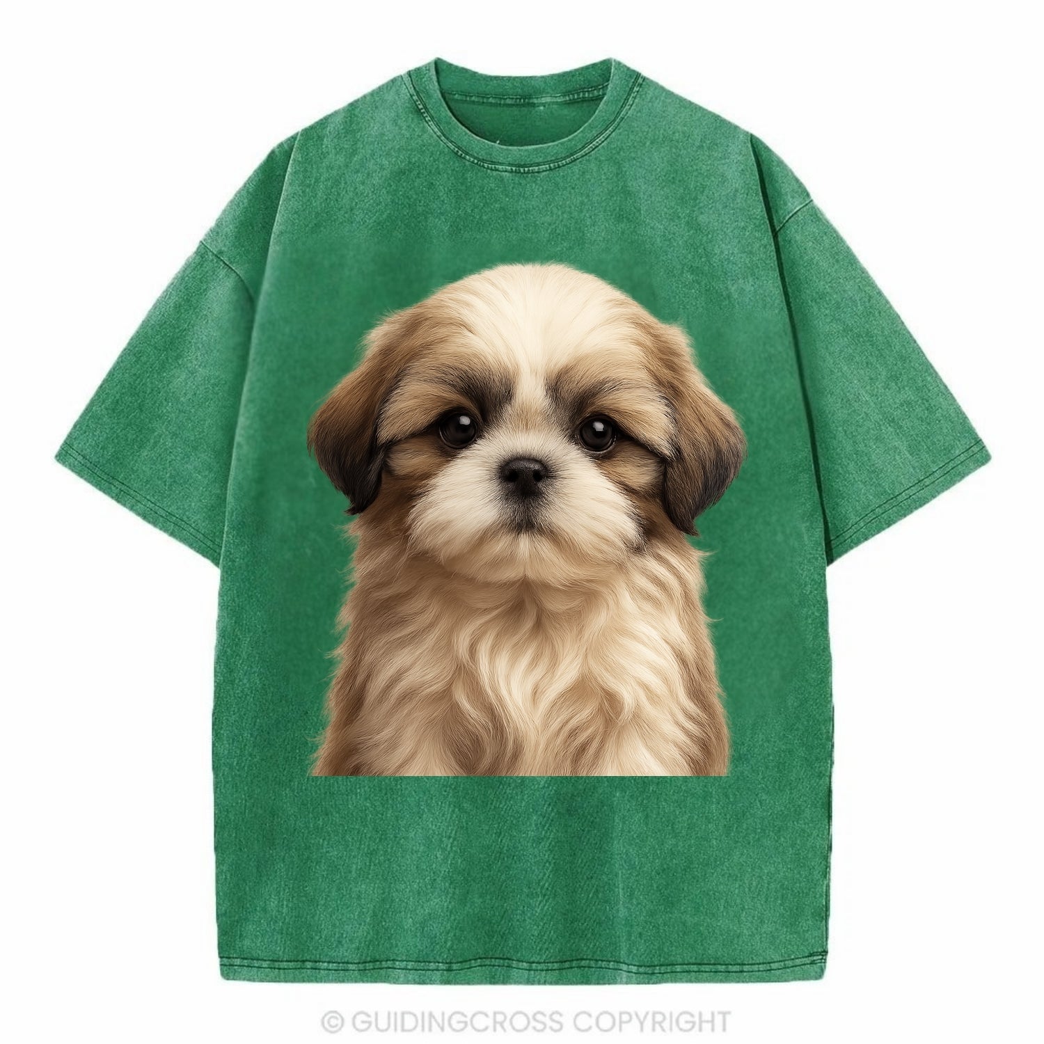 Baby Shih Tzu Puppy - long flowing coat, flat face, big dark eyes, front-facing, - Vintage T-shirt - Forest Mist(Green)