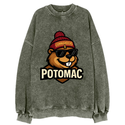 Potomac Beaver wearing Commanders beanie with monument patch and wayfarer - Vintage Sweatshirt - Forest Mist(Green)