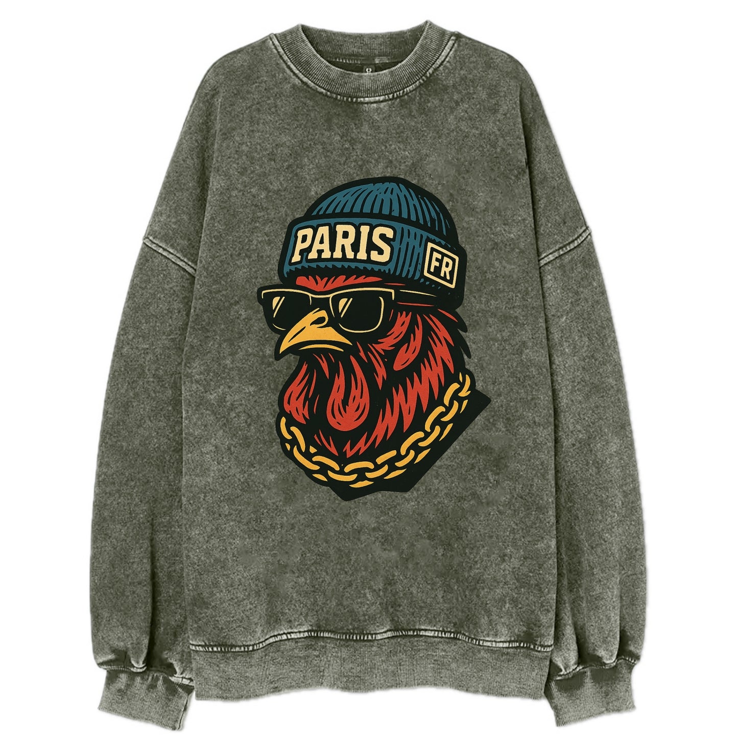 Paris Rooster - Vintage Sweatshirt - Forest Mist(Green)